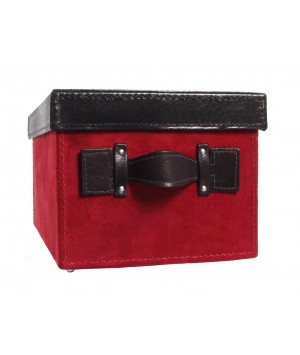 BOITE DE RANGEMENT DVD CUIR BRUN/DAIM ROUGE